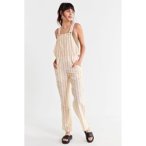 UO Wide Stripe Button Strap Lightweight Cotton Overalls Jumpsuit-White/Yellow XS